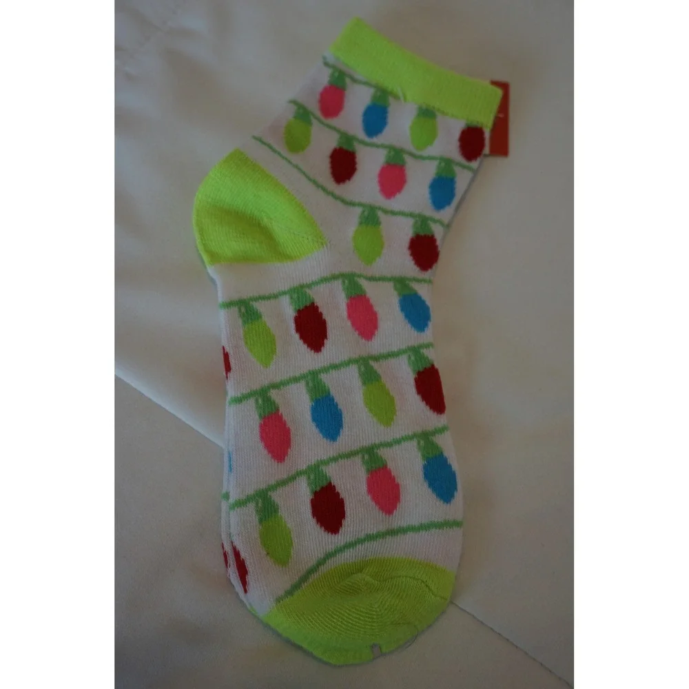 Womens Christmas Light Bulb Socks Neon Green Accents Holiday Novelty Size 9-11